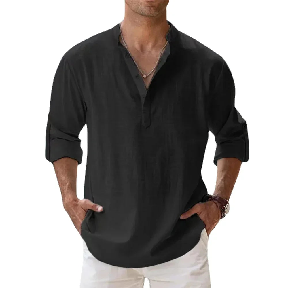 Short-Sleeved Shirts Summer Solid Color Henley Collar Casual Beach Style Hawaiian Vacation