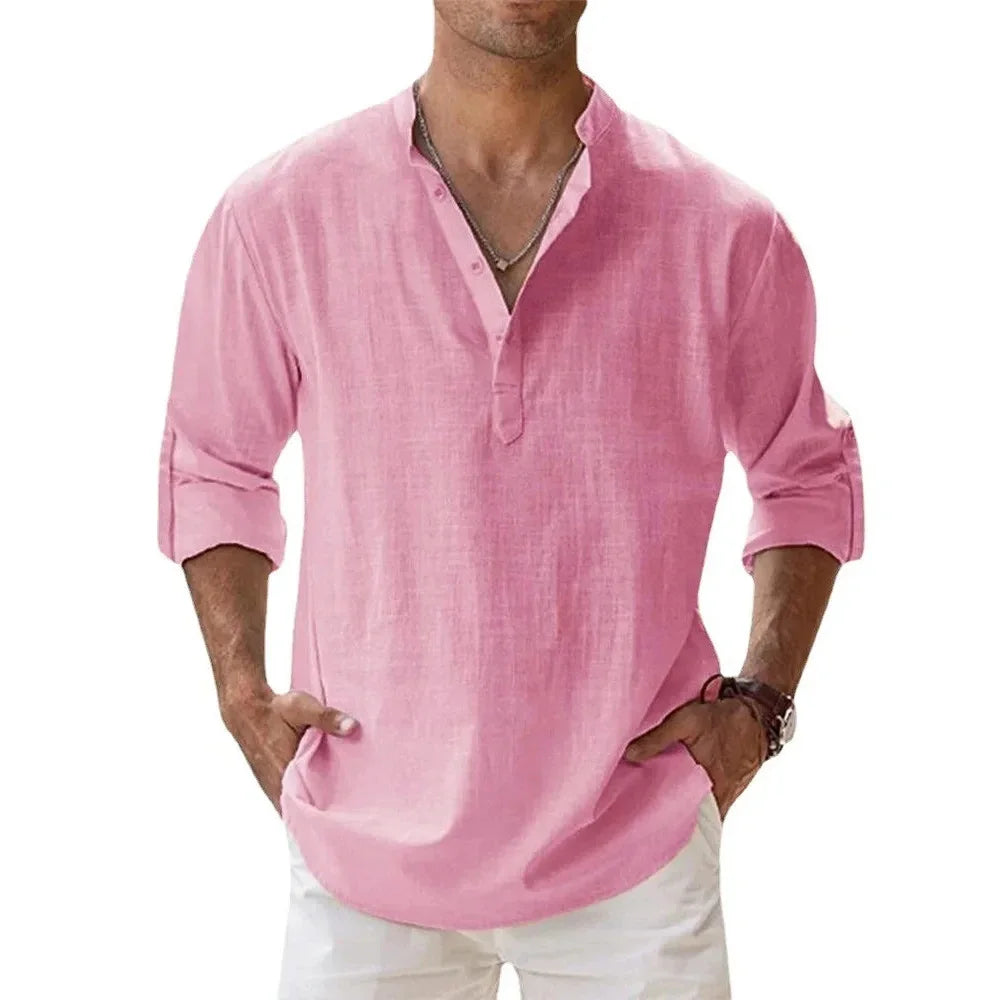 Short-Sleeved Shirts Summer Solid Color Henley Collar Casual Beach Style Hawaiian Vacation