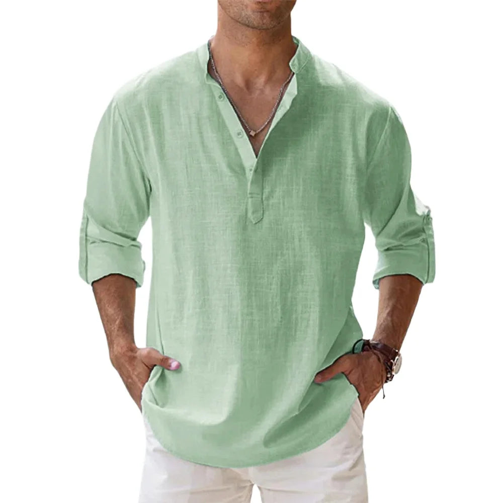 Short-Sleeved Shirts Summer Solid Color Henley Collar Casual Beach Style Hawaiian Vacation