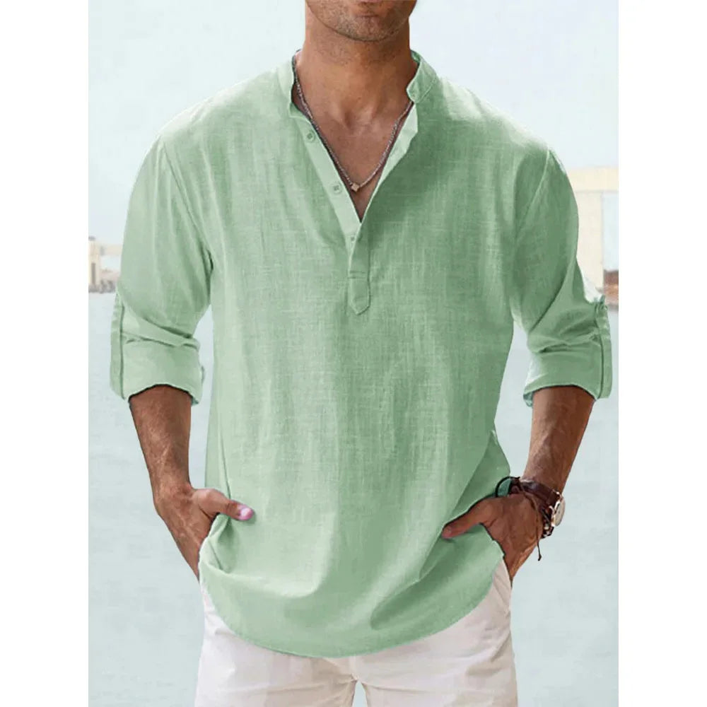Short-Sleeved Shirts Summer Solid Color Henley Collar Casual Beach Style Hawaiian Vacation