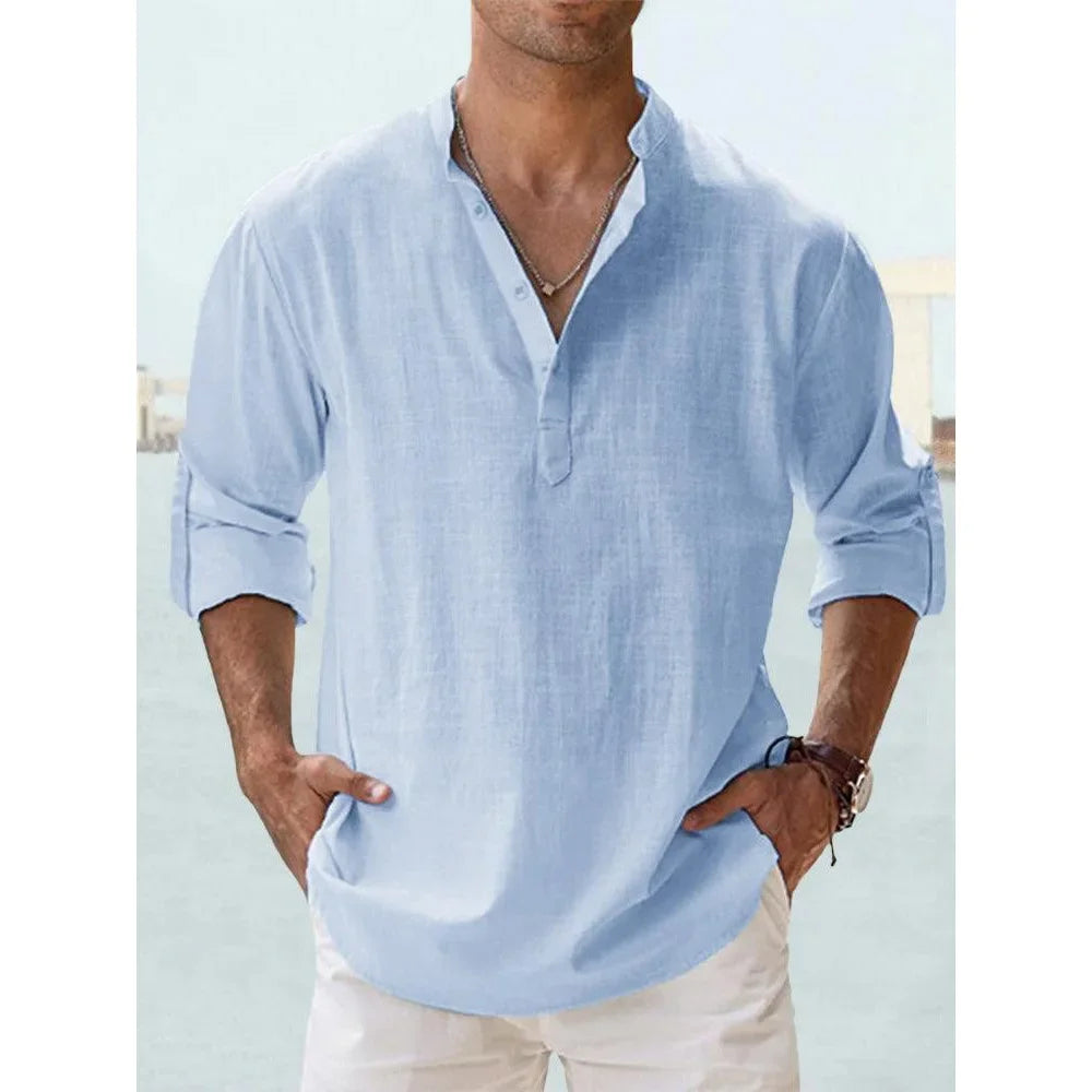 Short-Sleeved Shirts Summer Solid Color Henley Collar Casual Beach Style Hawaiian Vacation