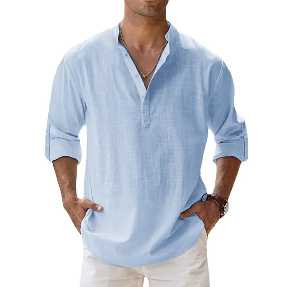 Short-Sleeved Shirts Summer Solid Color Henley Collar Casual Beach Style Hawaiian Vacation