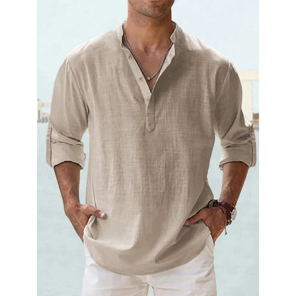 Short-Sleeved Shirts Summer Solid Color Henley Collar Casual Beach Style Hawaiian Vacation