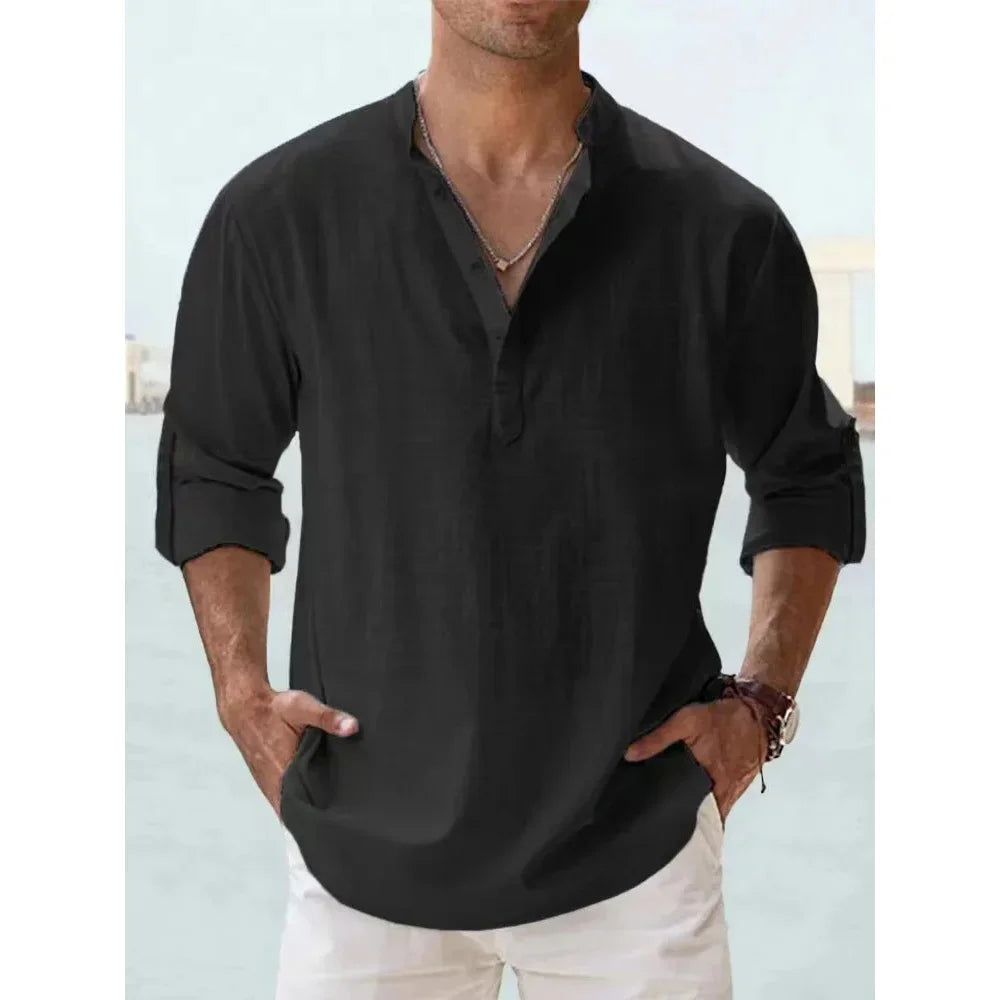 Short-Sleeved Shirts Summer Solid Color Henley Collar Casual Beach Style Hawaiian Vacation