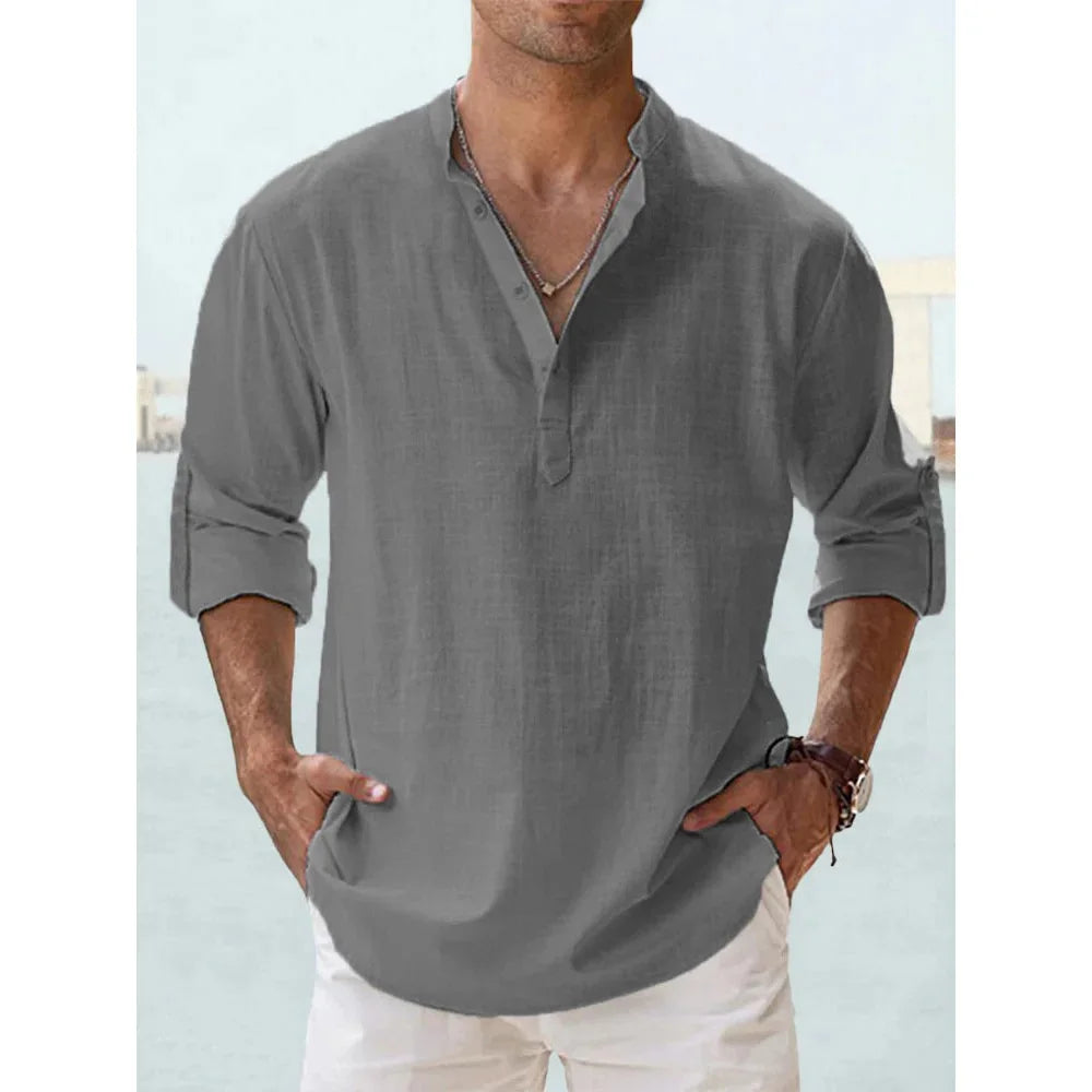 Short-Sleeved Shirts Summer Solid Color Henley Collar Casual Beach Style Hawaiian Vacation