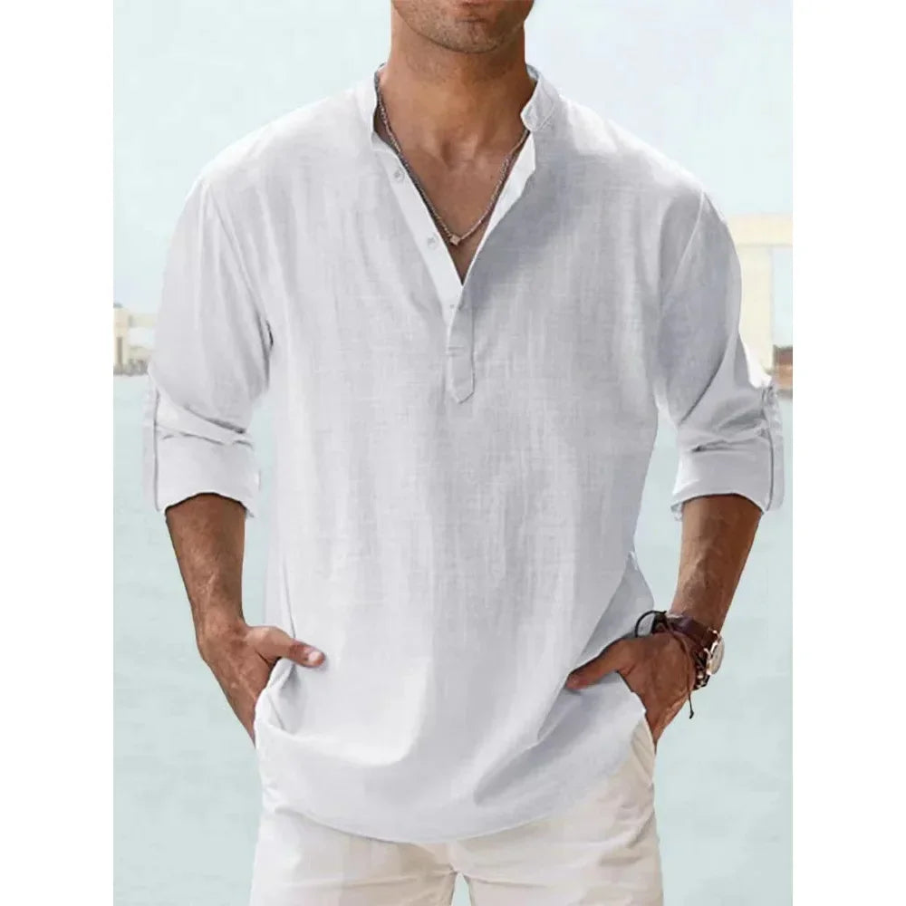 Short-Sleeved Shirts Summer Solid Color Henley Collar Casual Beach Style Hawaiian Vacation