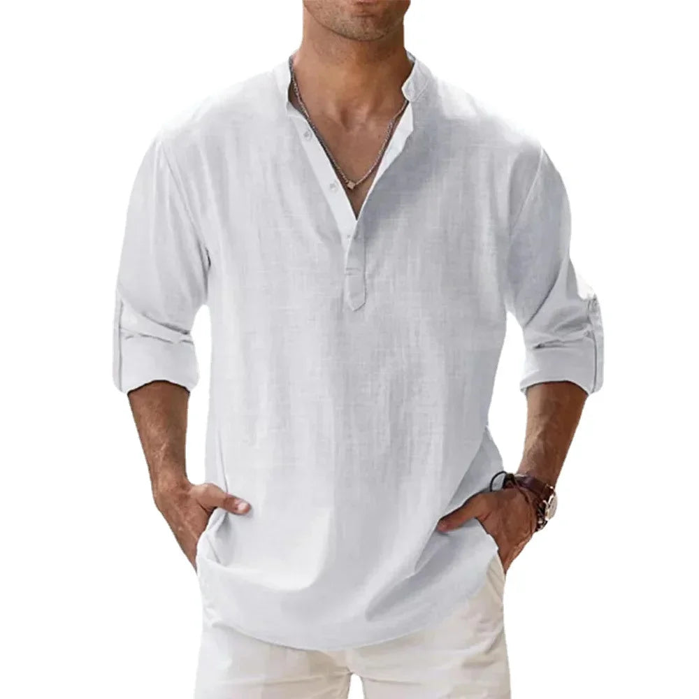Short-Sleeved Shirts Summer Solid Color Henley Collar Casual Beach Style Hawaiian Vacation